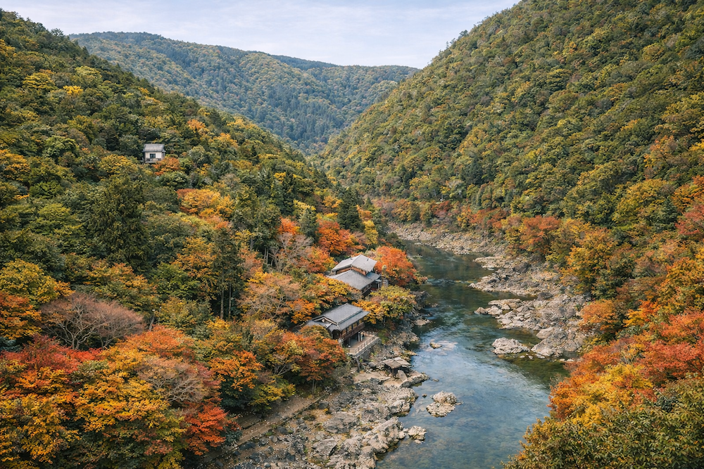 Kyoto Sehenswuerdigkeiten Arashiyama Park Kameyama Aussichtspunkt-Herbst